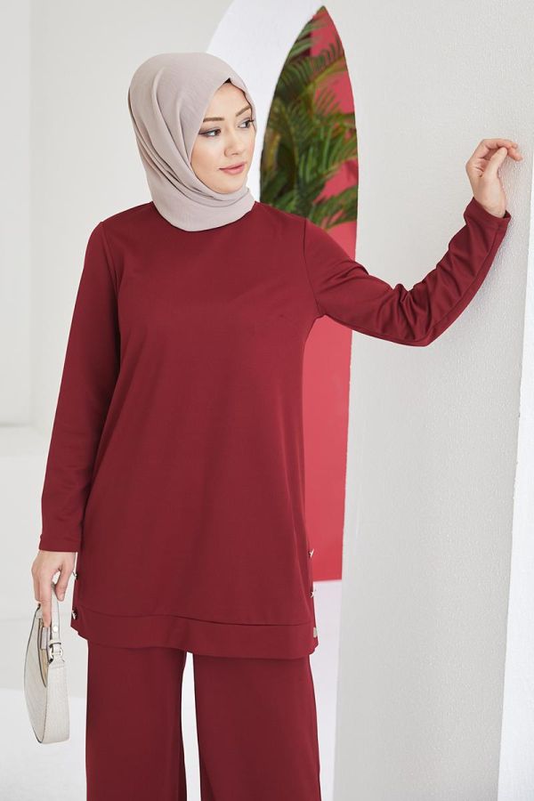 Yanlardan Düğmeli Tesettür Takım-3084 Bordo - 3