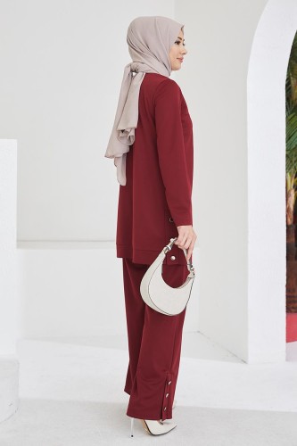 Yanlardan Düğmeli Tesettür Takım-3084 Bordo - 4