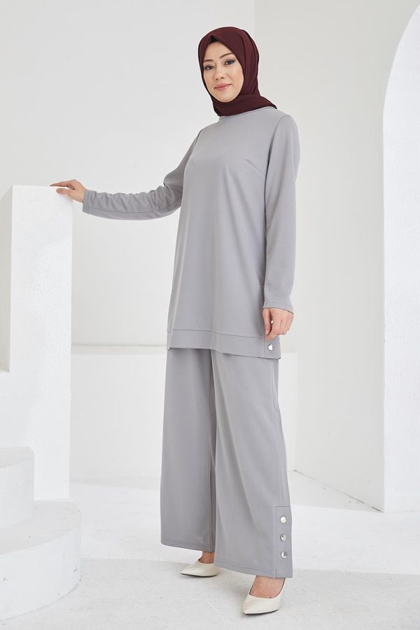 Yanlardan Düğmeli Tesettür Takım-3084 Gri - 2