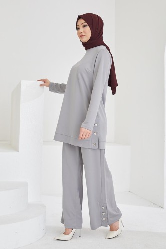Yanlardan Düğmeli Tesettür Takım-3084 Gri - 3