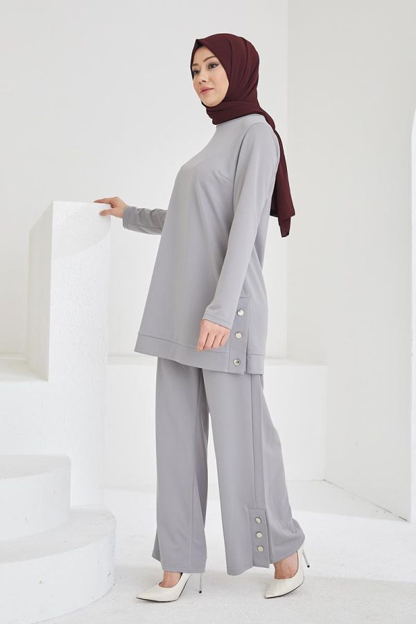 Yanlardan Düğmeli Tesettür Takım-3084 Gri - 3