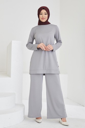 Yanlardan Düğmeli Tesettür Takım-3084 Gri - 4