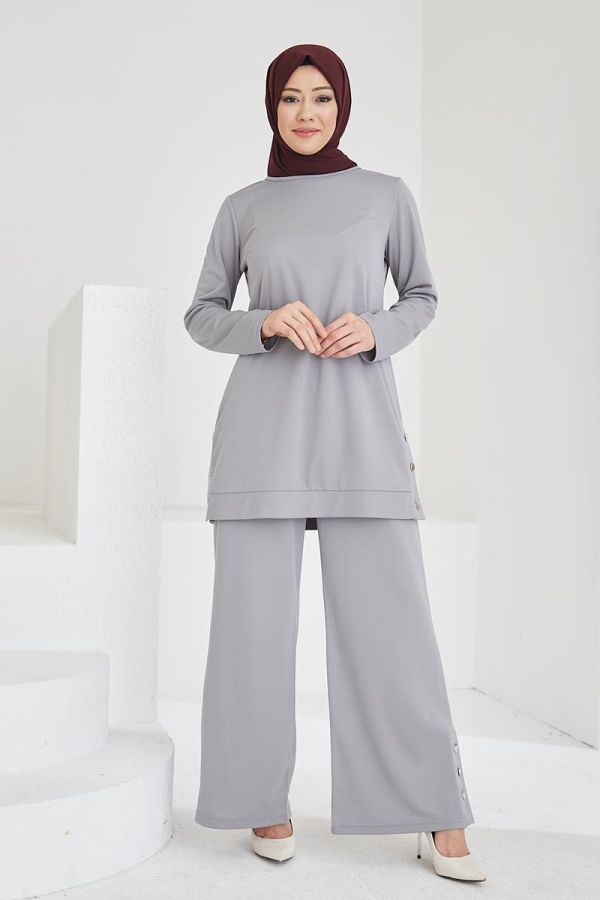 Yanlardan Düğmeli Tesettür Takım-3084 Gri - 4