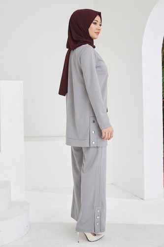 Yanlardan Düğmeli Tesettür Takım-3084 Gri - 6