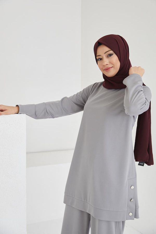 Yanlardan Düğmeli Tesettür Takım-3084 Gri - 5