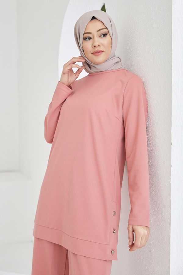 Yanlardan Düğmeli Tesettür Takım-3084 Gülkurusu - 3