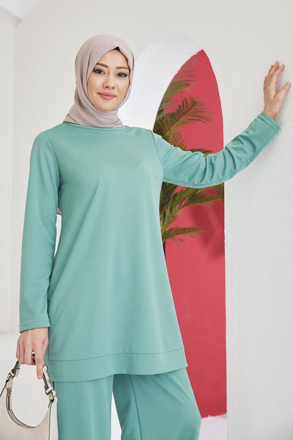 Yanlardan Düğmeli Tesettür Takım-3084 Mintyeşili - 4