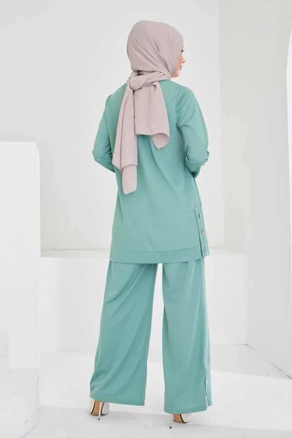 Yanlardan Düğmeli Tesettür Takım-3084 Mintyeşili - 6