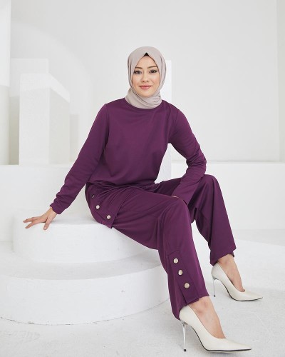 Yanlardan Düğmeli Tesettür Takım-3084 Mor - 2