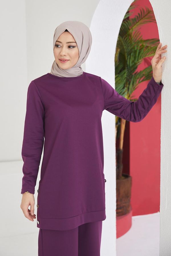 Yanlardan Düğmeli Tesettür Takım-3084 Mor - 3