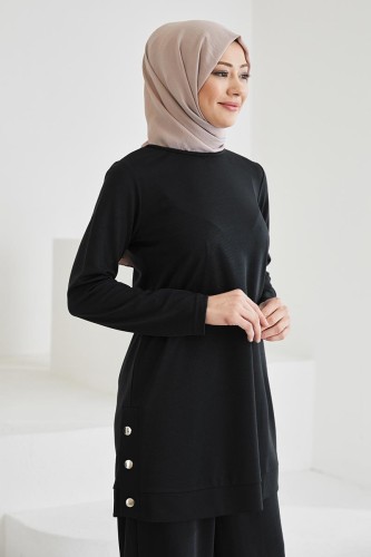 Yanlardan Düğmeli Tesettür Takım-3084 Siyah - 4