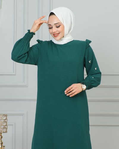 Yanlardan Yırtmaçlı İkili Tesettür Takım-3180 Zümrüt yeşili - 2