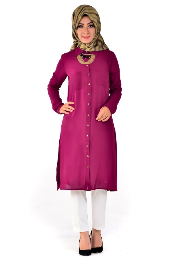 Yanlardan Yırtmaçlı Tunik Gömlek Bordo-4026