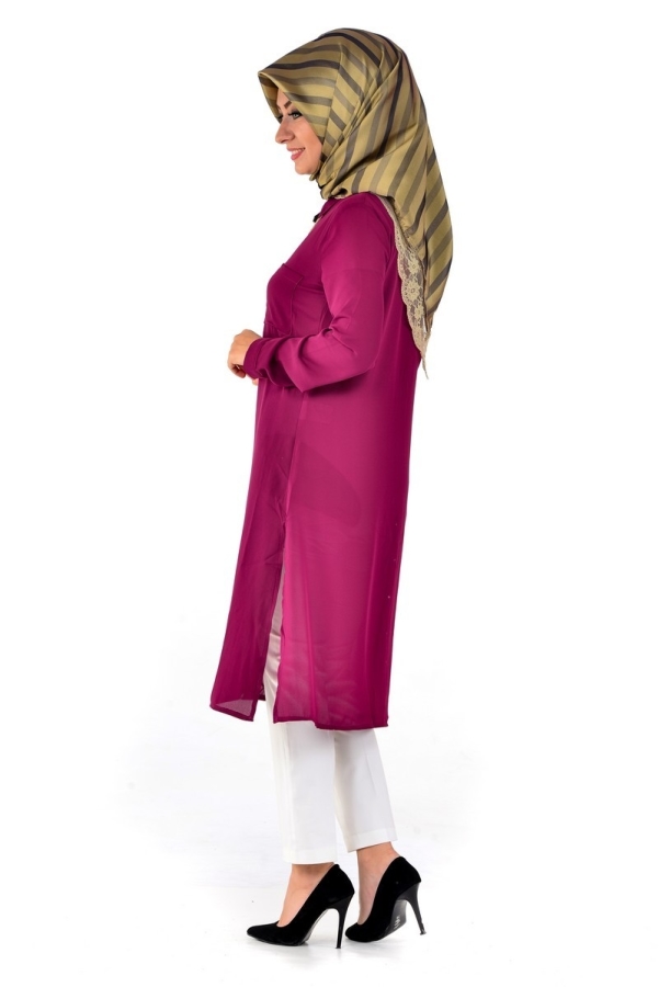 Yanlardan Yırtmaçlı Tunik Gömlek Bordo-4026