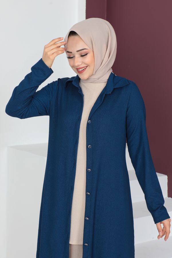 Yanlardan Yırtmaçlı Üçlü Tesettür Takım-3138 İndigo