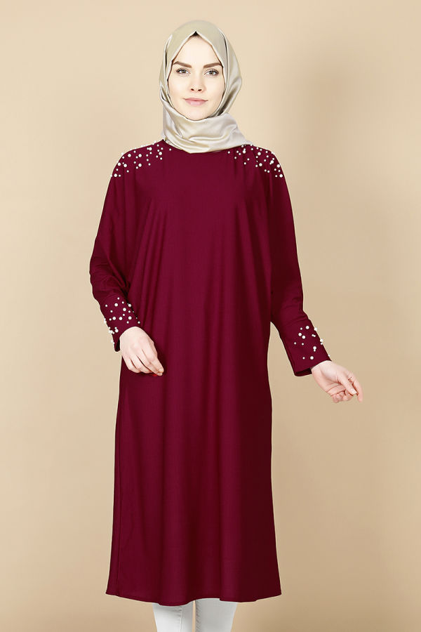 Yarasa Kol İnci Detay Tunik-Bordo00119