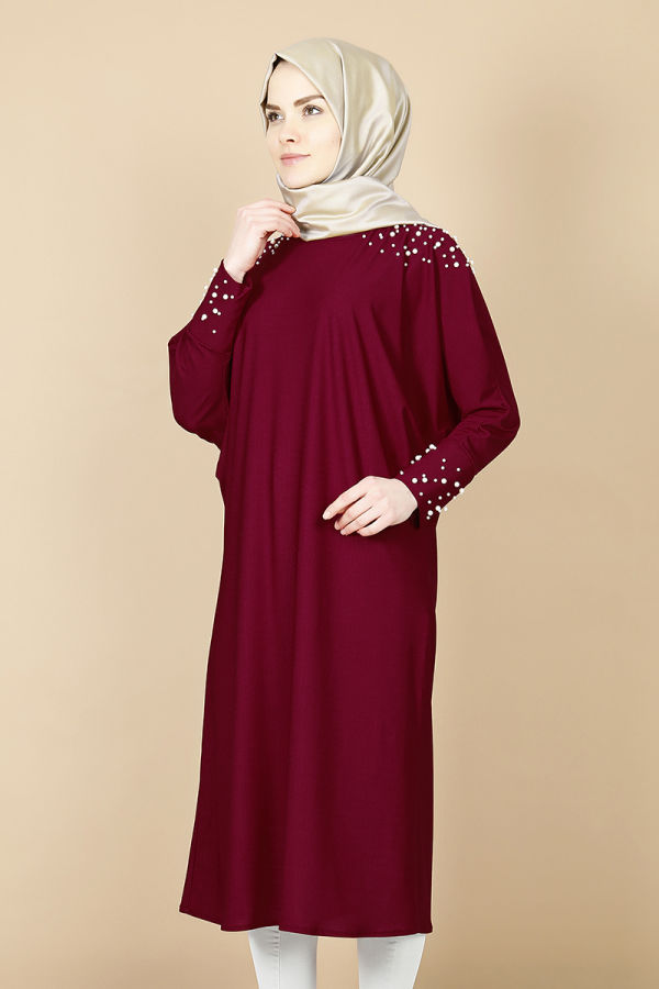 Yarasa Kol İnci Detay Tunik-Bordo00119