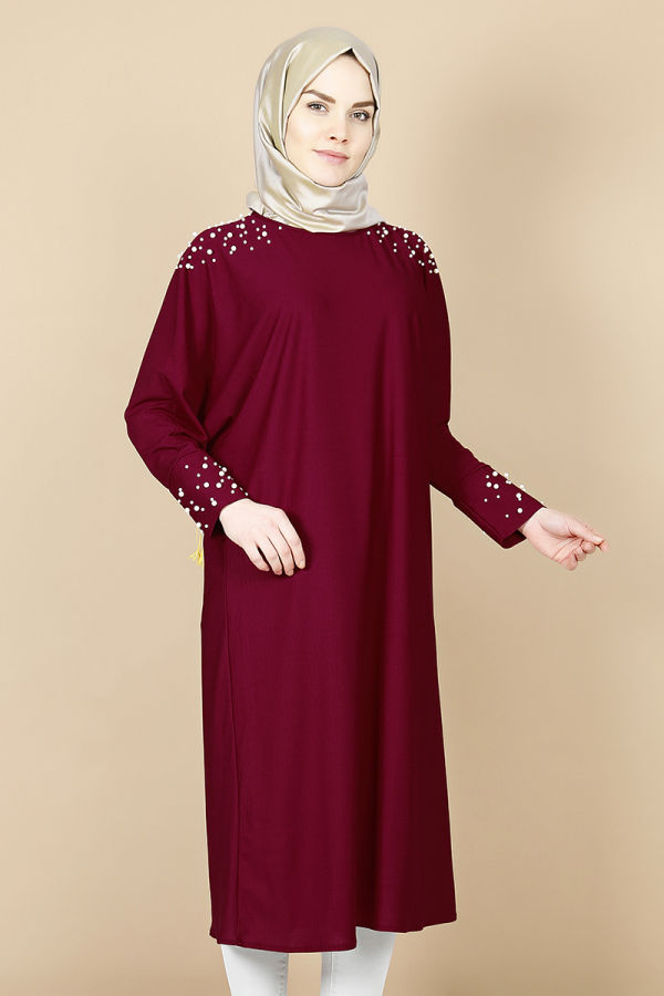 Yarasa Kol İnci Detay Tunik-Bordo00119