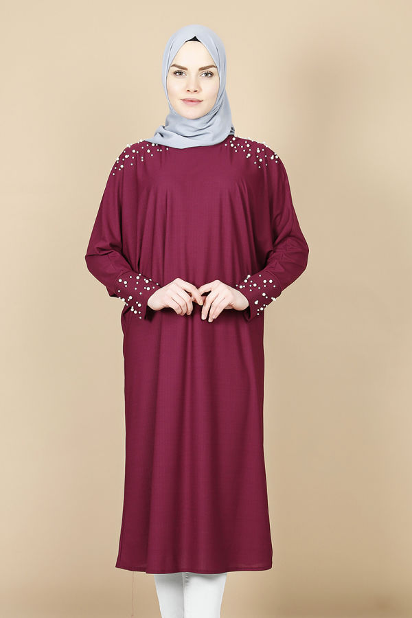 Yarasa Kol İnci Detay Tunik-Mürdüm00119
