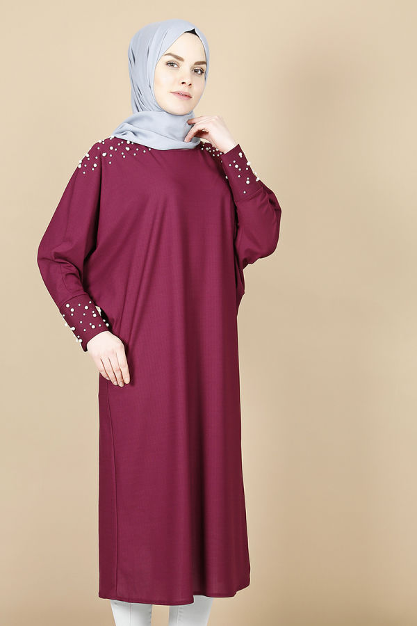 Yarasa Kol İnci Detay Tunik-Mürdüm00119