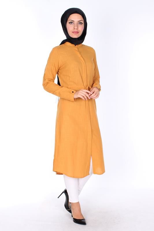 Yazlık Keten Tunik Kap-16247Hardal sarısı