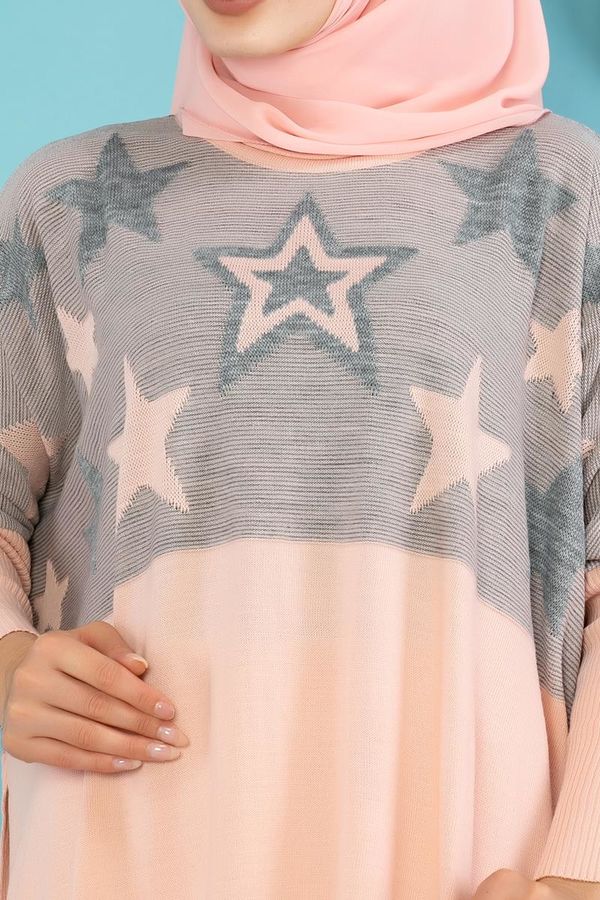 Yıldız Desen Triko Panço Tunik-309 Pudra