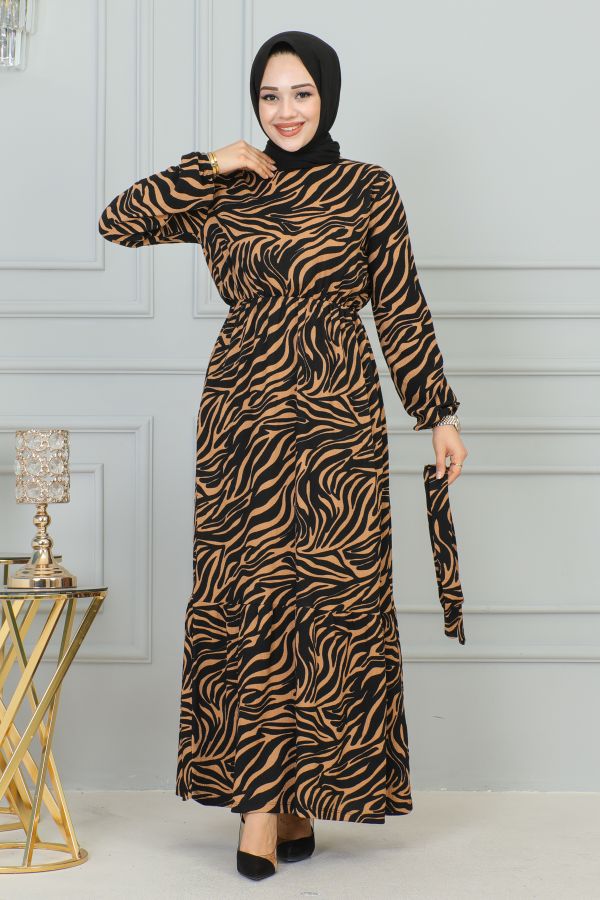 Zebra Desen Bürümcük Elbise-3951 Kahve