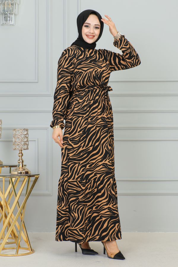 Zebra Desen Bürümcük Elbise-3951 Kahve