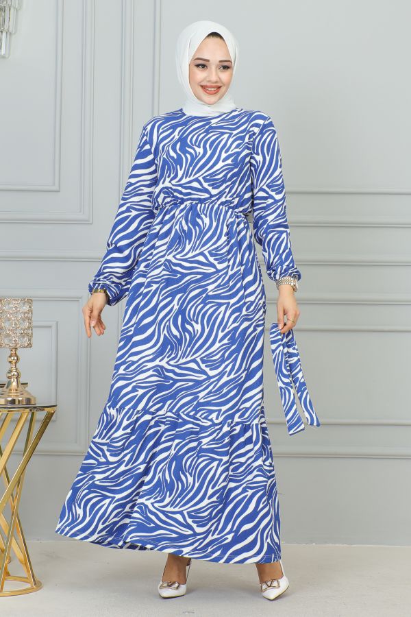Zebra Desen Bürümcük Elbise-3951 Mavi