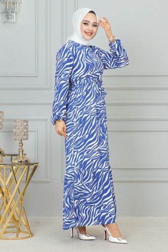 Zebra Desen Bürümcük Elbise-3951 Mavi - Thumbnail