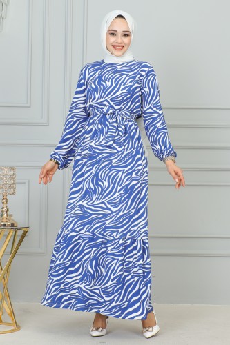 Zebra Desen Bürümcük Elbise-3951 Mavi - Thumbnail