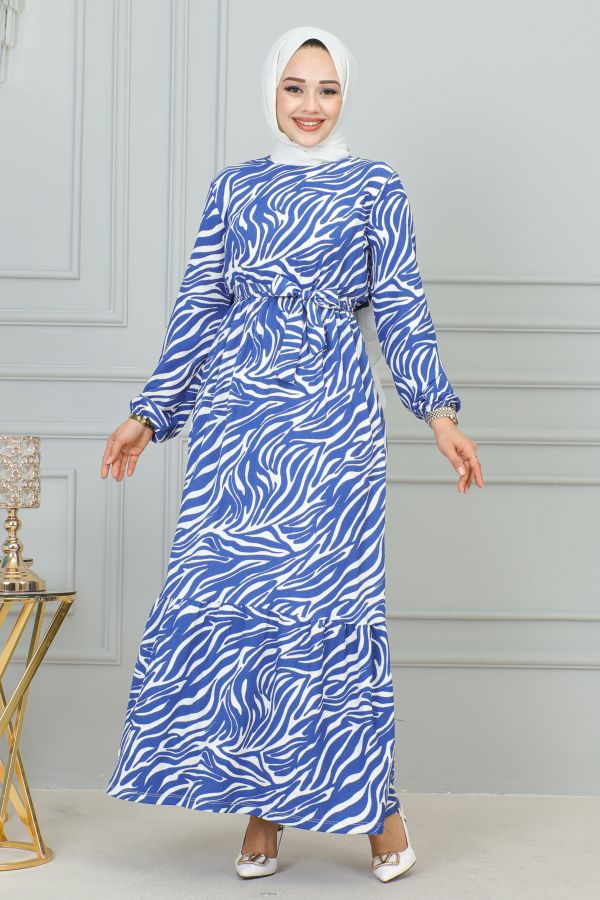 Zebra Desen Bürümcük Elbise-3951 Mavi