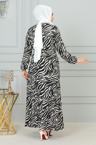 NESSİA - Zebra Desen Bürümcük Elbise-3951 Siyah