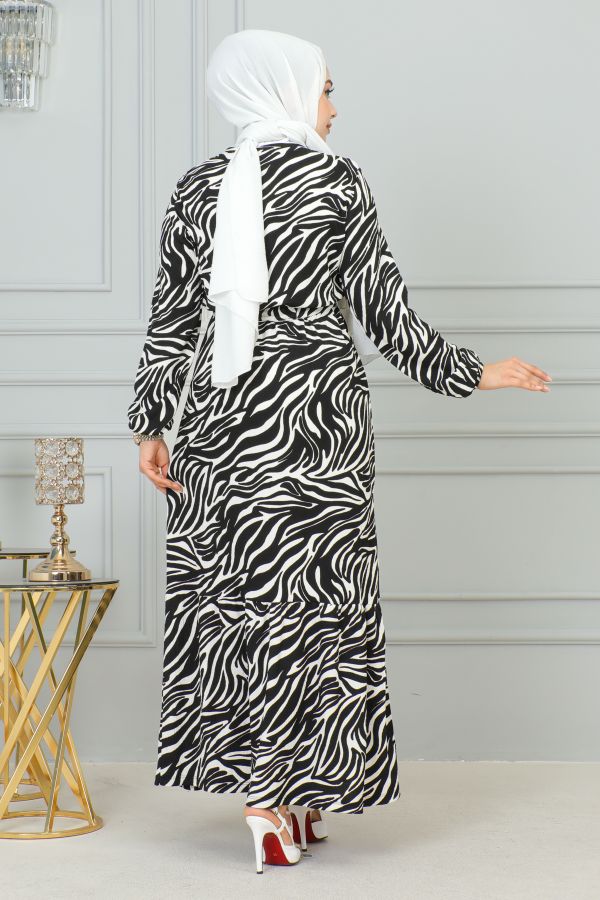 Zebra Desen Bürümcük Elbise-3951 Siyah