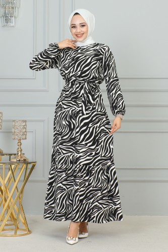 Zebra Desen Bürümcük Elbise-3951 Siyah - Thumbnail