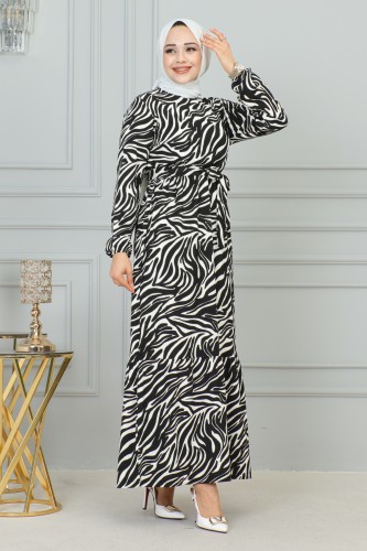 Zebra Desen Bürümcük Elbise-3951 Siyah - Thumbnail