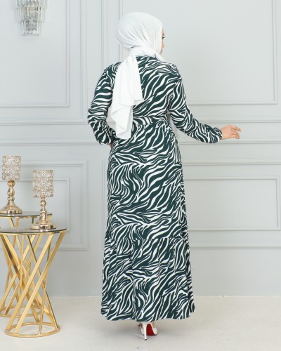 Zebra Desen Bürümcük Elbise-3951 Yeşil - Thumbnail