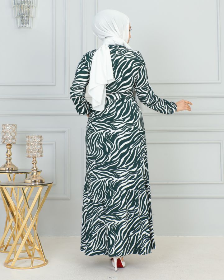 Zebra Desen Bürümcük Elbise-3951 Yeşil - 6