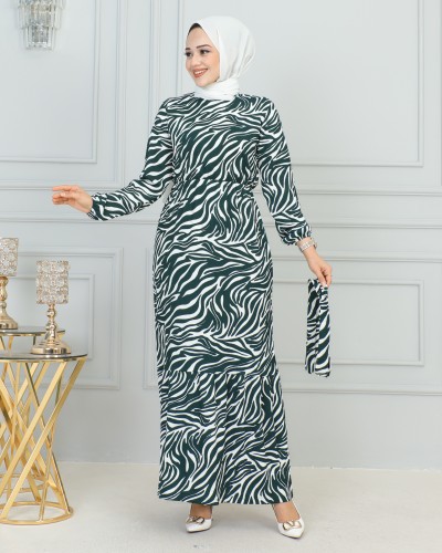 NESSİA - Zebra Desen Bürümcük Elbise-3951 Yeşil (1)
