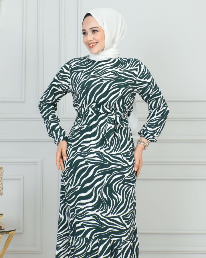 Zebra Desen Bürümcük Elbise-3951 Yeşil - 3