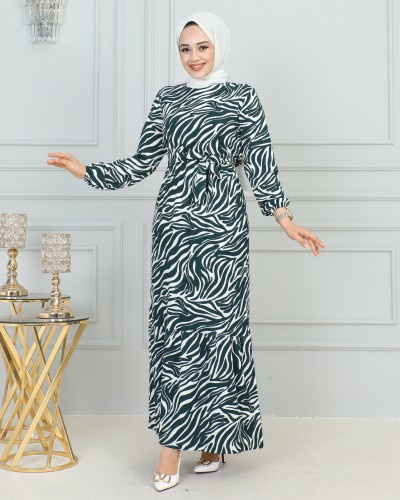 Zebra Desen Bürümcük Elbise-3951 Yeşil - 4