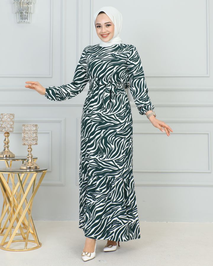 Zebra Desen Bürümcük Elbise-3951 Yeşil - 4