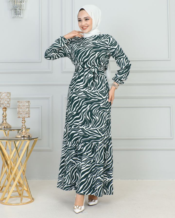 Zebra Desen Bürümcük Elbise-3951 Yeşil