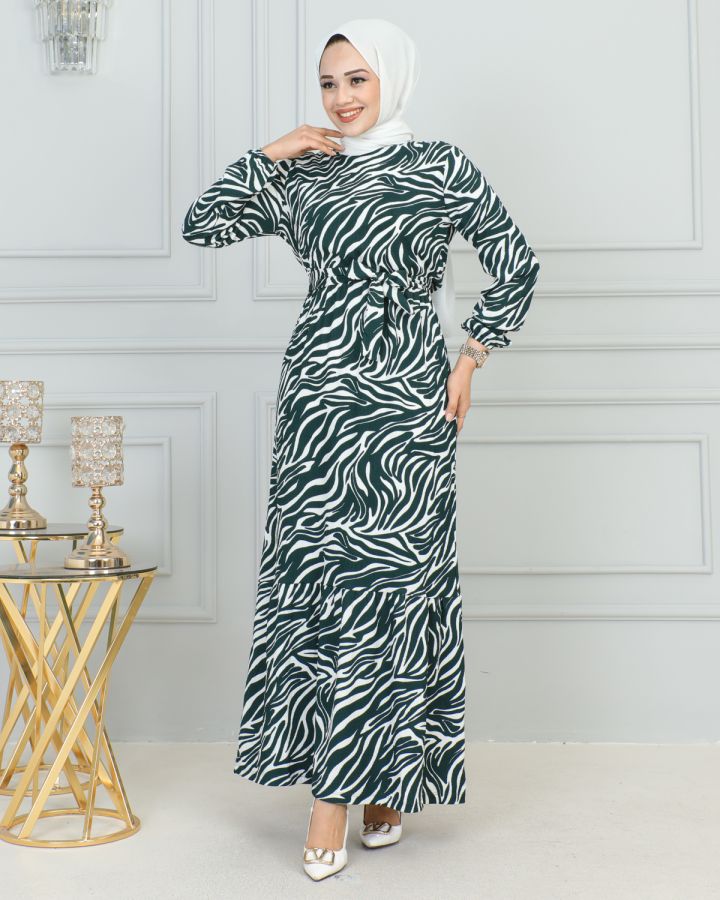 Zebra Desen Bürümcük Elbise-3951 Yeşil - 5