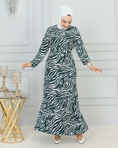 NESSİA - Zebra Desen Bürümcük Elbise-3951 Yeşil