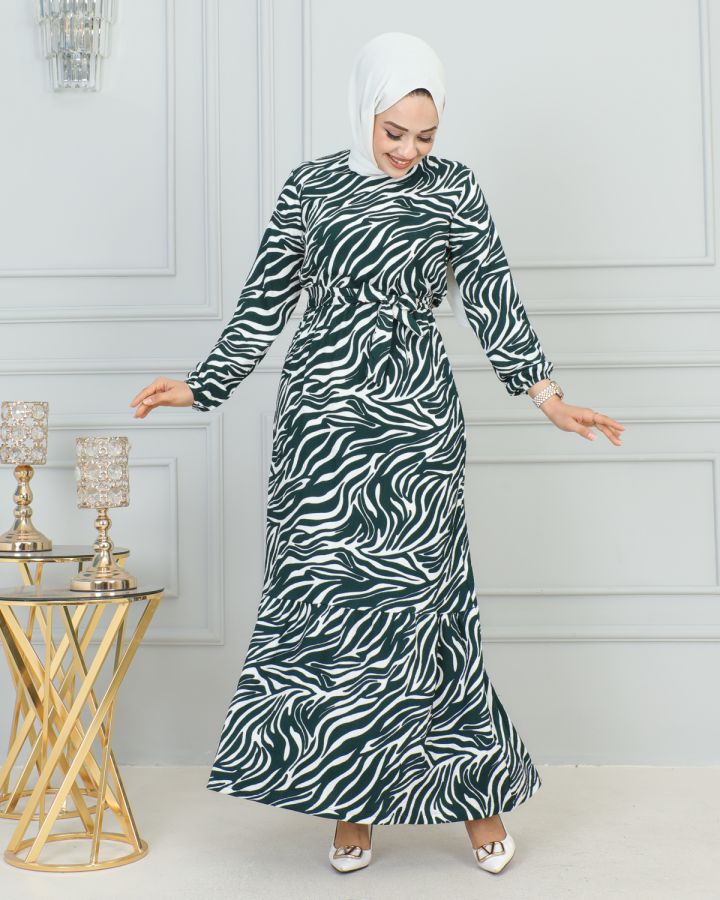 Zebra Desen Bürümcük Elbise-3951 Yeşil - 1
