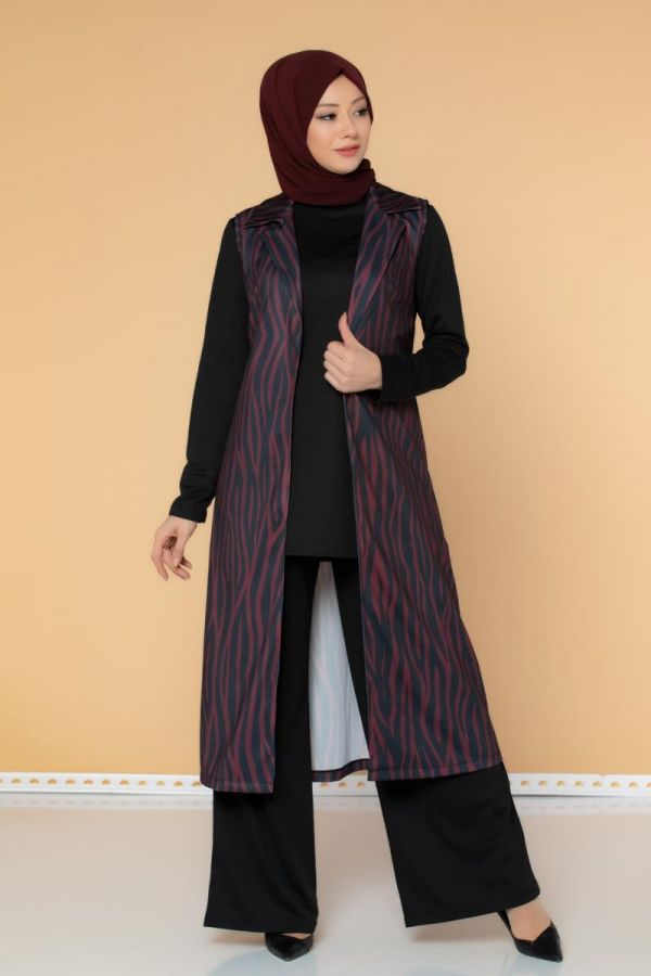 Zebra Desen Üçlü Takım-3038 Bordo