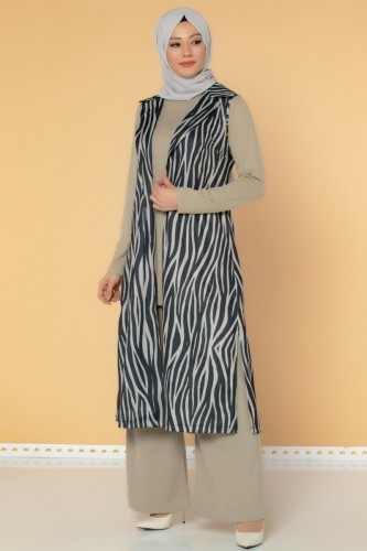 Modaebva - Zebra Desen Üçlü Takım-3038 Ekru